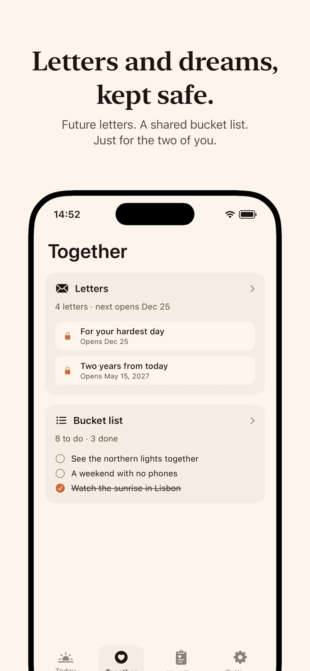 Letters and dreams — future letters and a shared bucket list.
