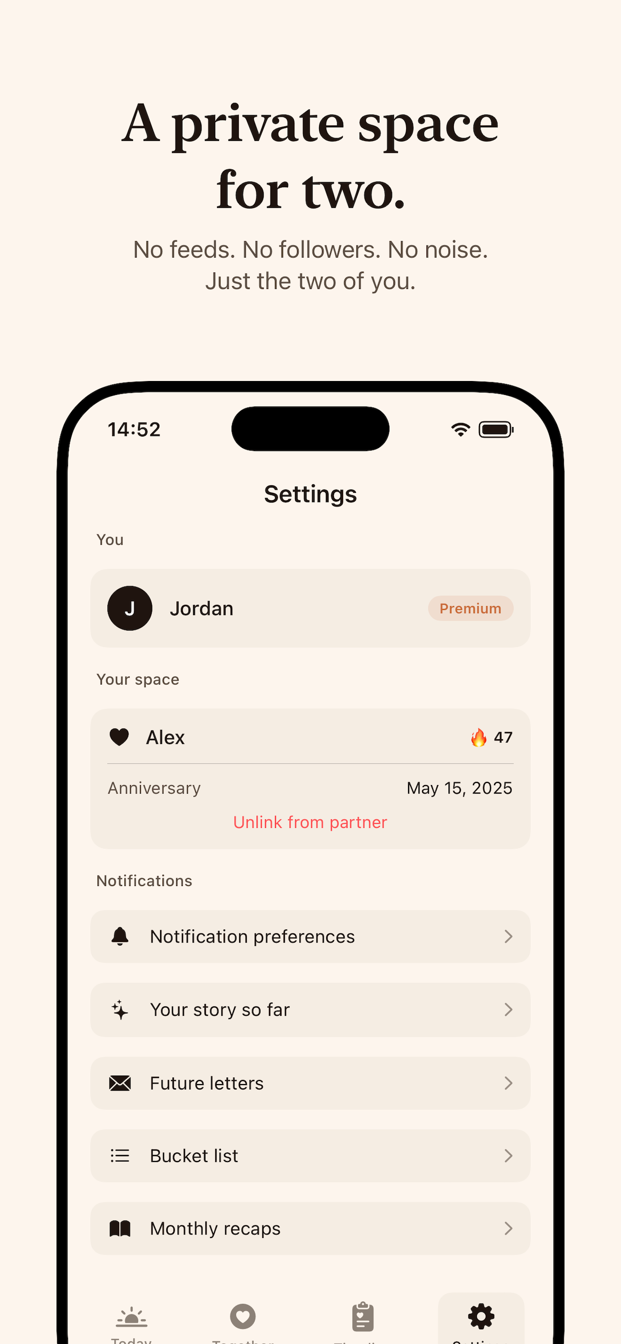 A private space for two — settings showing paired partner.
